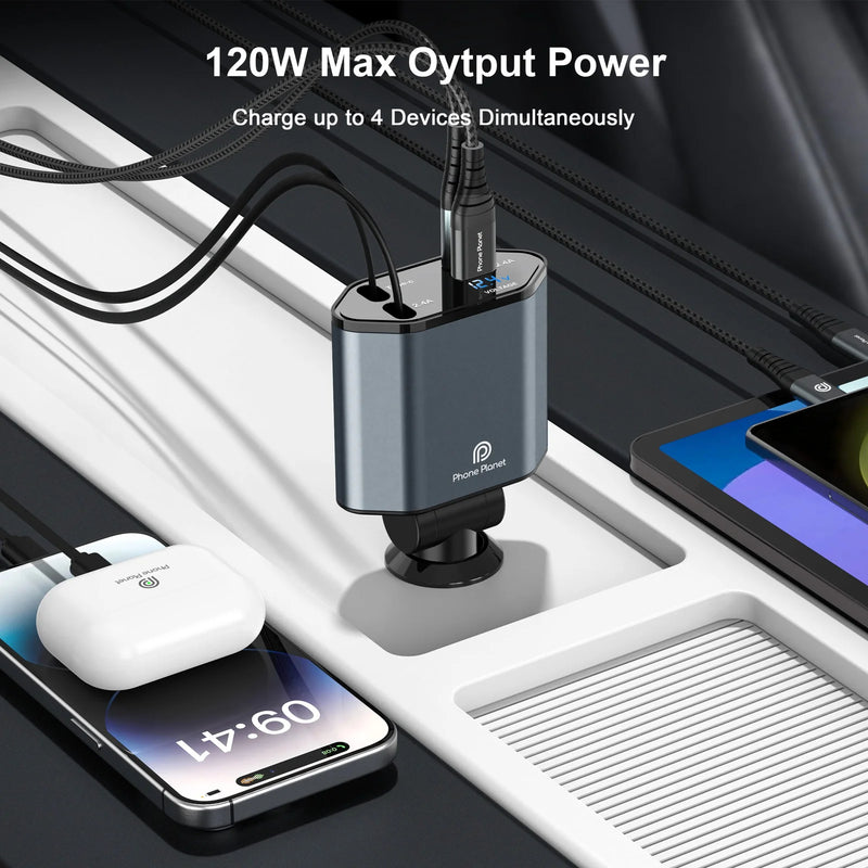 شاحن سيارة 4 في 1 بقوة 120 واط مع شحن سريع